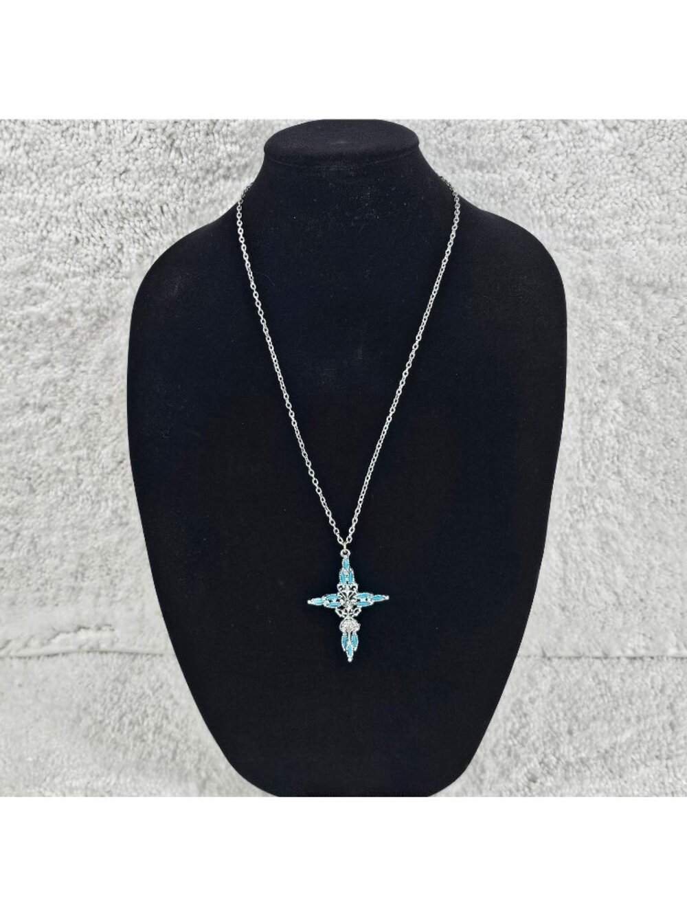 Ornate Silver Tone Cross Pendant Necklace Turquoise Blue Inlay 24" Chain